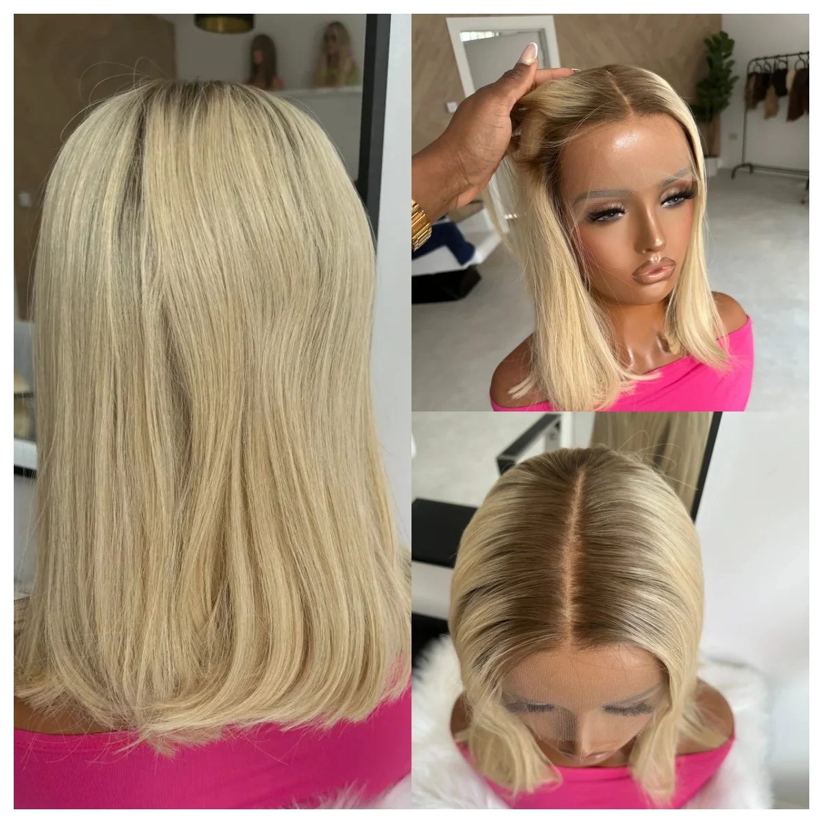 

Golden Blonde Synthetic Wig with Dark Roots Natural Straight 13x4 Lace Front Glueless for Women Daily Use