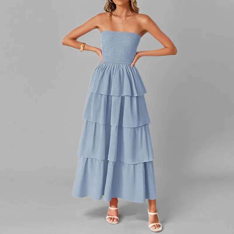 

Ele Faionable Color Strapl Evening Dr Women's Par Long Skirt High Waist Cake Sle Summer Gown