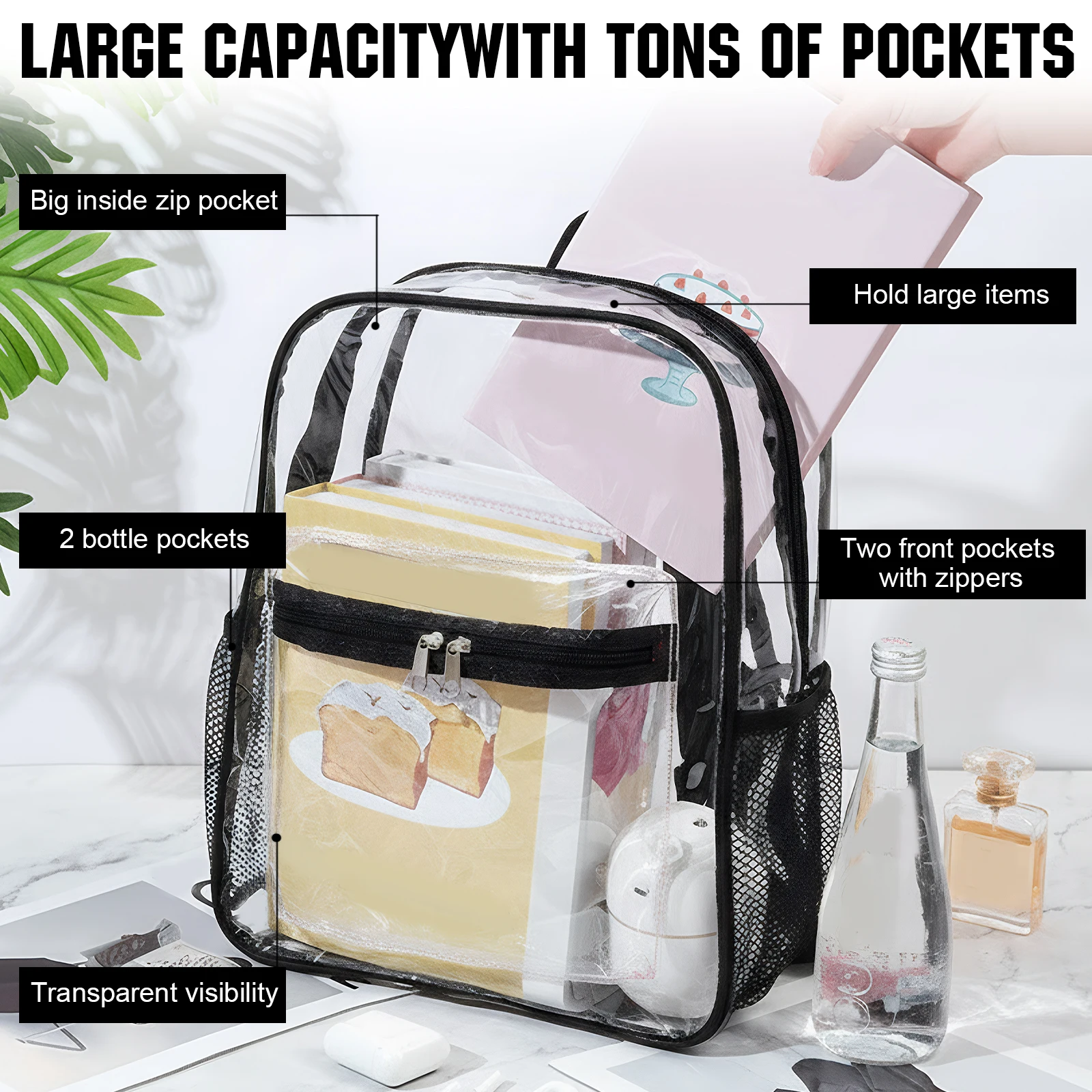 

50 Pack PVC Clear Backpack Bulk with Pockets 15 Inch Transparent Backpack for College Travel Sport Work Stadium Approved