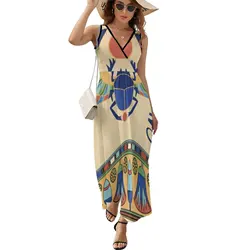 Egyptian Scarab Dress Aesthetic Boho Beach Long Dresses Women Cute Pattern Maxi Dress Gift Idea