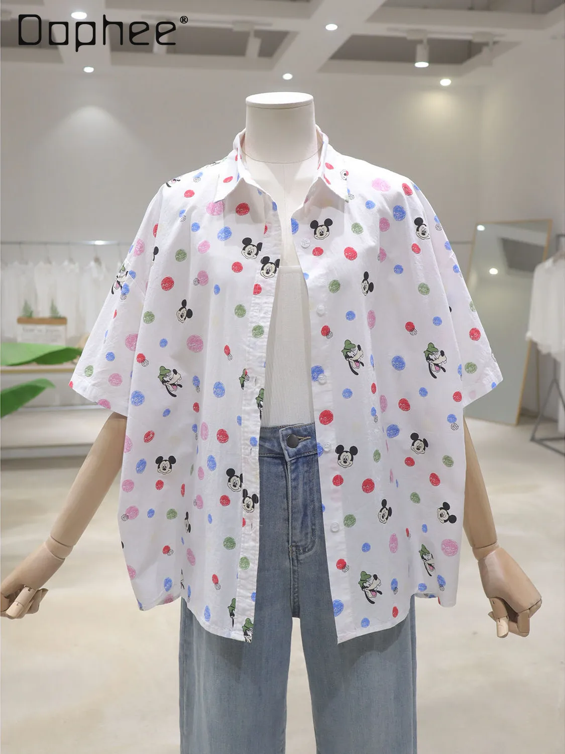 

Breathable Cartoon Printed Shirt for Women 2025 Summer New Loose Front Short Rear Long Cotton Short-sleeved Shirt for Women