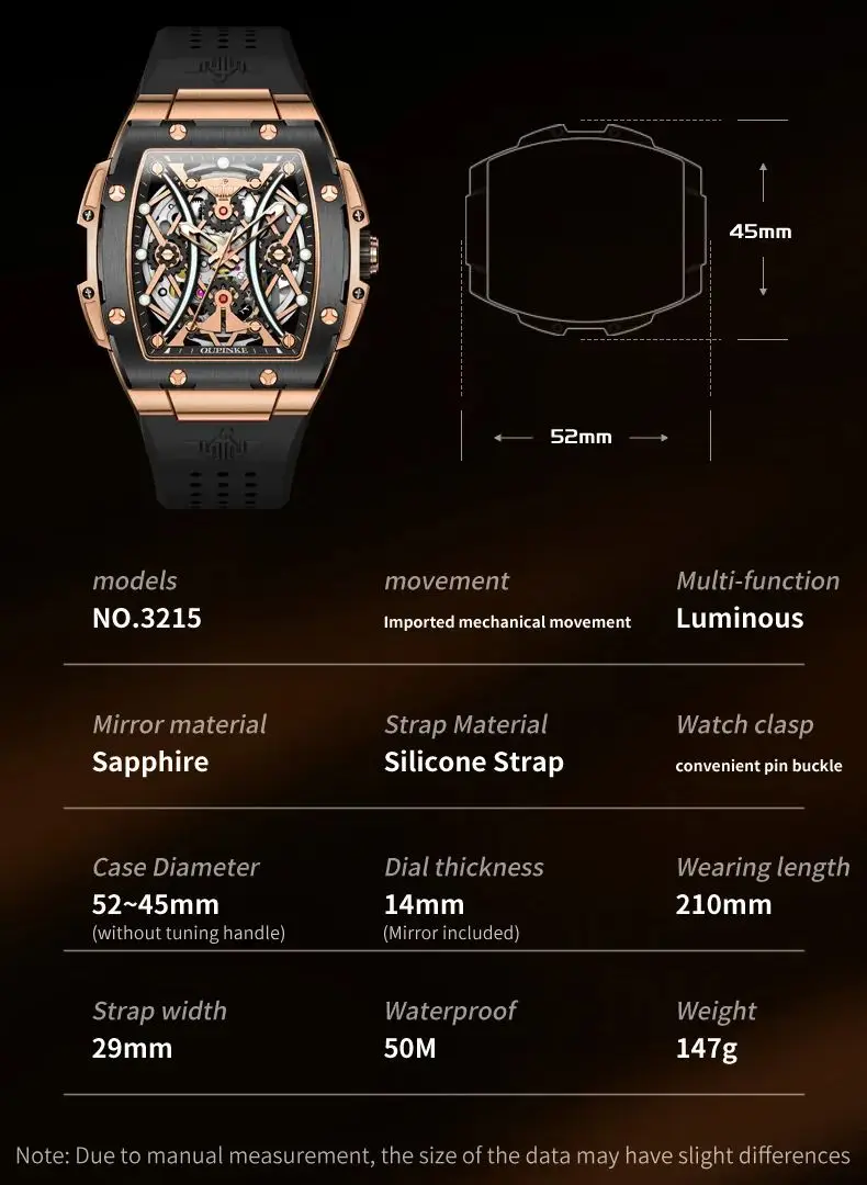 OUPINKE 3215 Hollow Big Dial Mechanical Watch For Men Silicone Strap Waterproof Wristwatch Top Brand Fashion Automatic Man Watch