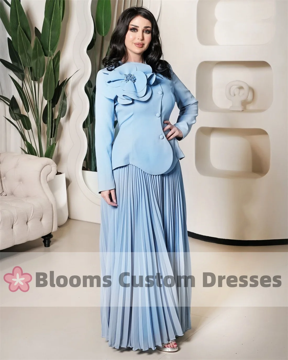 Blooms Customized 2 Piece Crepe Prom Gown Beads Flower Long Sleeves Pleated A-line Prom Dresses Elegant Party Dresses