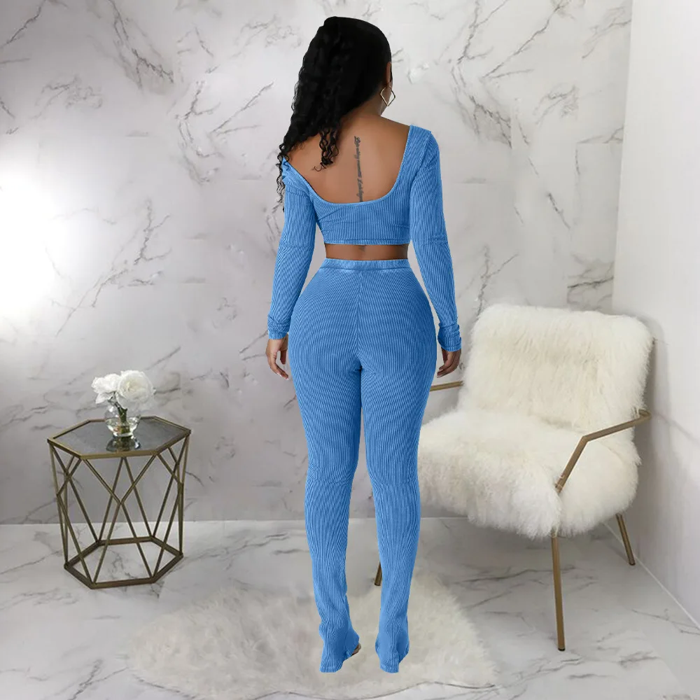 Sexy Autumn Bodycon Two Piece Outfits Business Sets For Women Square Neck Crop Top And High Waisted Pencil Pants Matching Sets