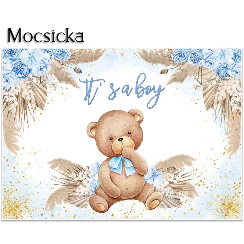 Mocsicka Baby Shower Backdrop Its A Boy Party Decorations Blue Floral Toy Bears Photography Background Photoshoot Studio Props