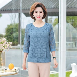 Elegant Womens 3/4 Sleeve Lace Tops Sweet Crochet Hollow Out O-neck Stylish Flower Tshirts Female Pullovers T-shirt  Large Size