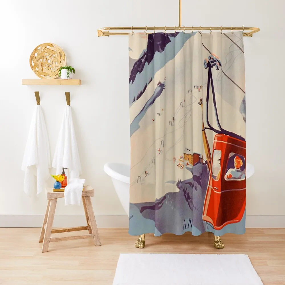 Vintage German Gondola Sport Ski Travel poster Shower Curtain Anime Bathroom Curtain