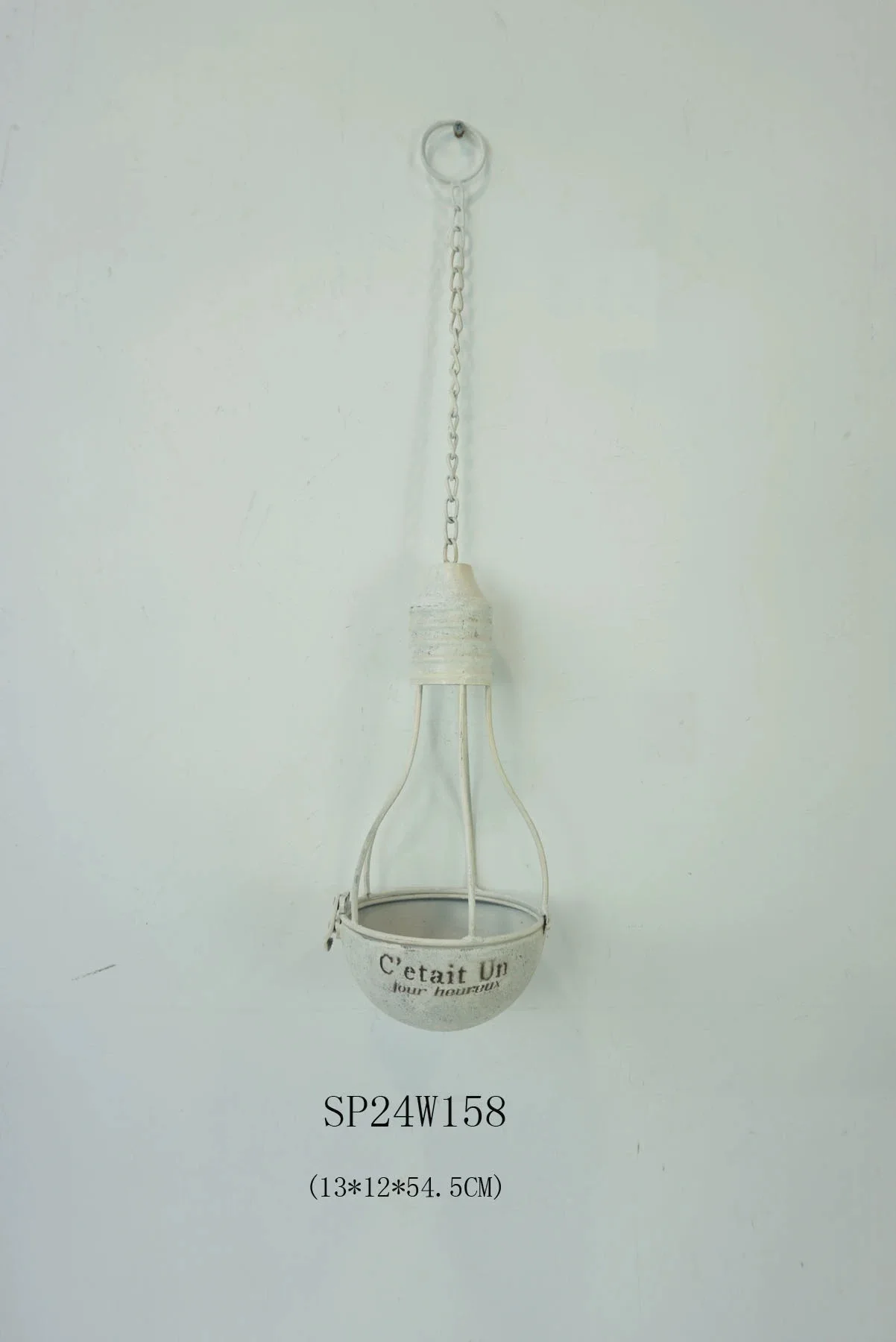

Vintage Hanging Planter, Antique White, Metal Light Bulb Design, 12cm Diameter, Distressed Finish with Chain