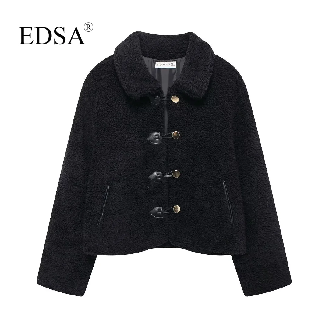 EDSA Women Faux Shearling Jacket with Front Toggle Fasteners Long Sleeves for Autumn Winter Warm Coat Female Outerwear