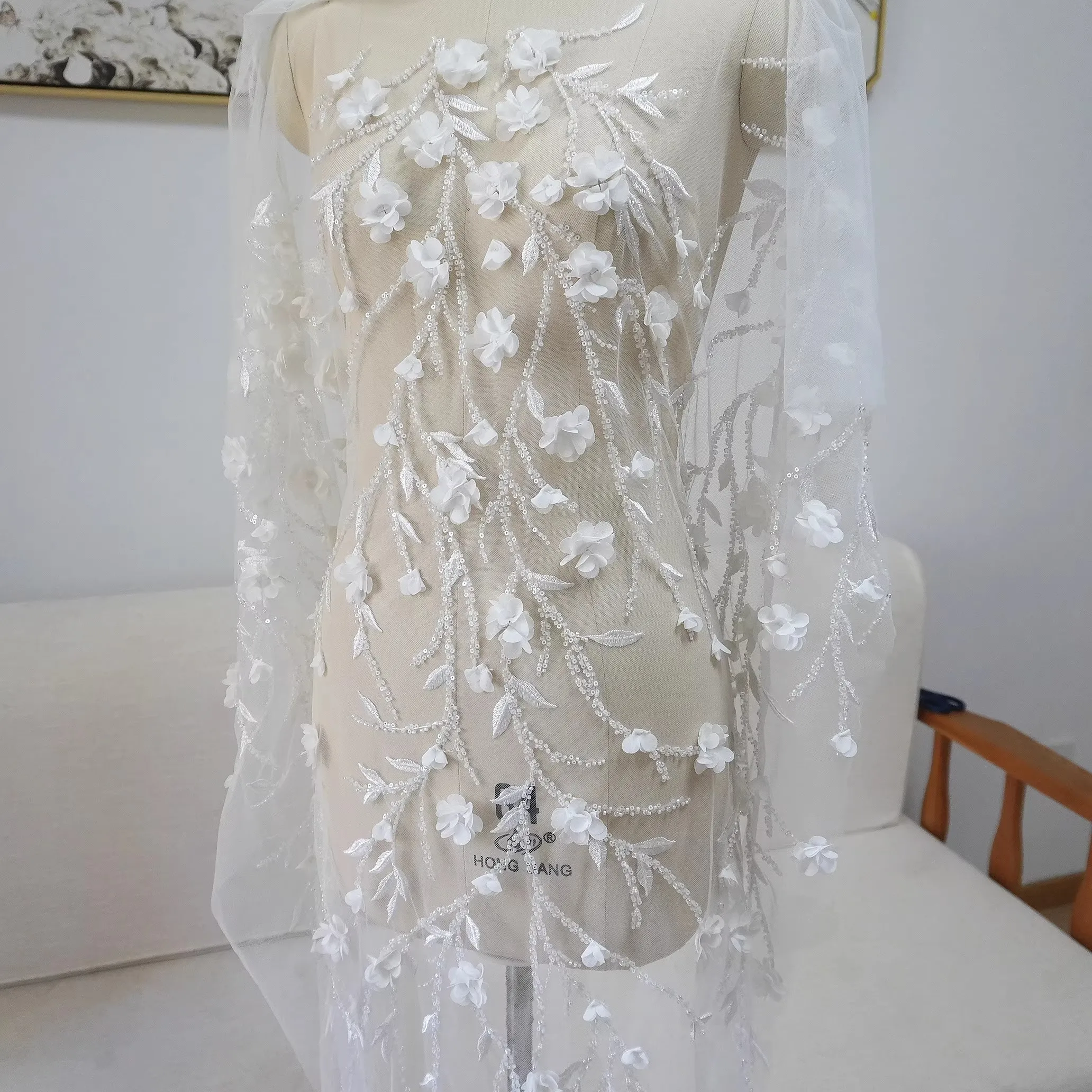 

1yard New mesh fabrics Dingzhu three-dimensional flower embrodery sewing cheongsam skirt dress accessories fabric for material