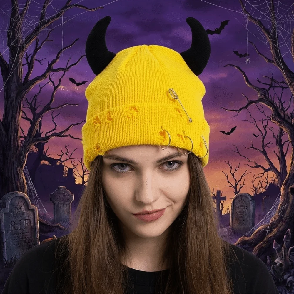 Punk Yarn Devil Horns Hat Distressed Solid Color Winter Pullover Cap Adjustable Hip Hop Knitted Beanie Daily