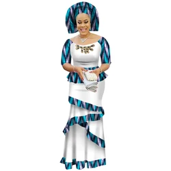 BRW Private Custom African Dress Bazin Riche Women Dress Suit Half Sleeve Tops and Long Print Skirt Large Size M-6XL WY2412