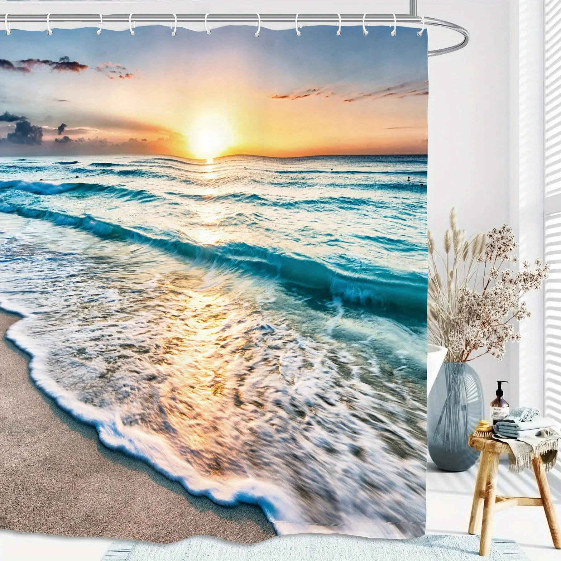 

"Sunrise Beach Shower Curtain" - Coastal Bath Decor, Perfect for Those Who Love Ocean and Sunset-Inspired Designs"