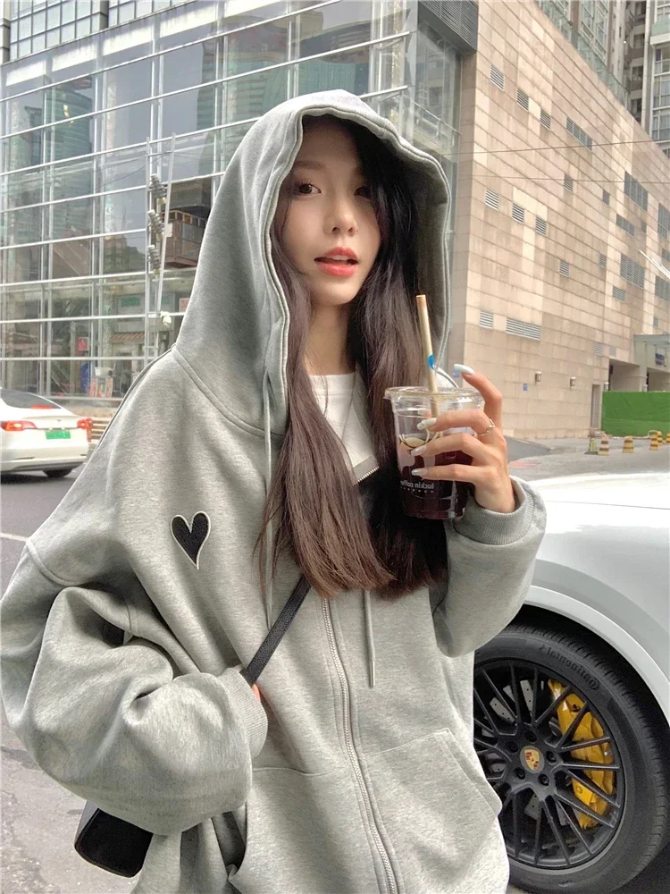 

Embroidery Love Graphic Front Pocket Zipper Up Gray Sweatshirts Hooded Hoodies Oversized Cardigan Outfit Fall Loose Top