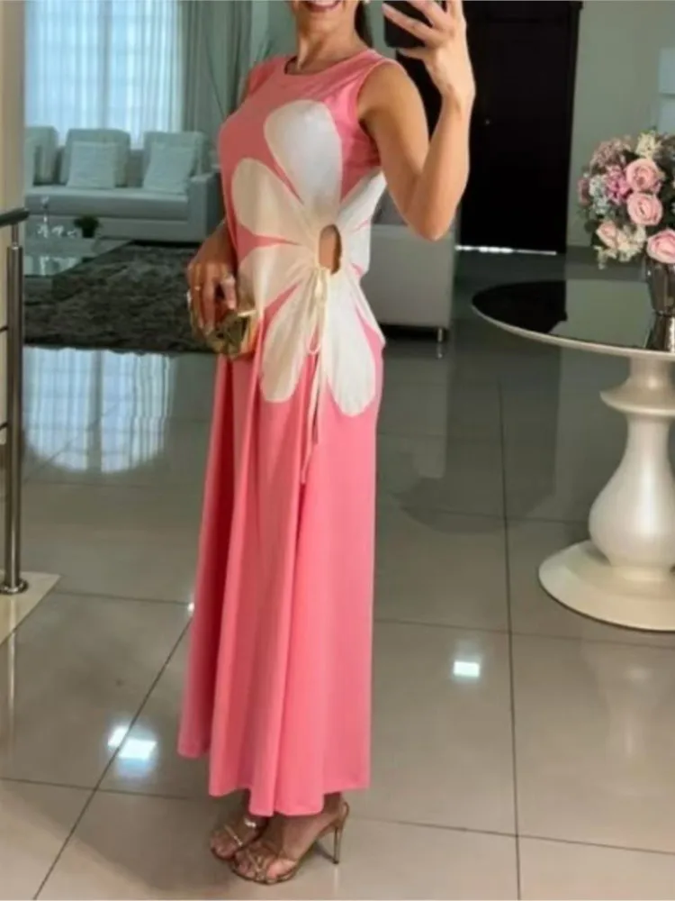 Casual Flower Print Dress Summer Temperament Commuting Women's Robe Fashion Round Neck Lace Up Beach Vacation Long Dresses 2025