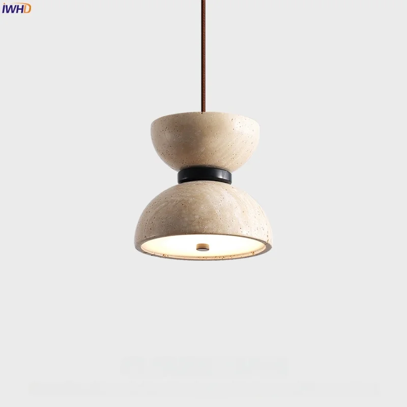 

IWHD Yellow Travertine LED Hanging Lamps Home Decor Bedroom Dining Living Room Kitchen Japanese Vintage Pendant Light Lampara