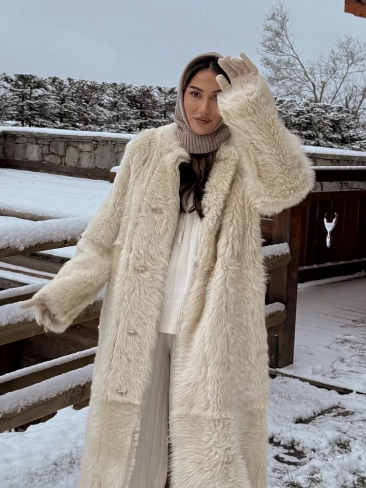 

Lapel Casual Faux Fur Long Coat Women Solid Full Sleeve Single Breasted V-neck Loose Jackets 2026 Lady Winter Street Warm Wears