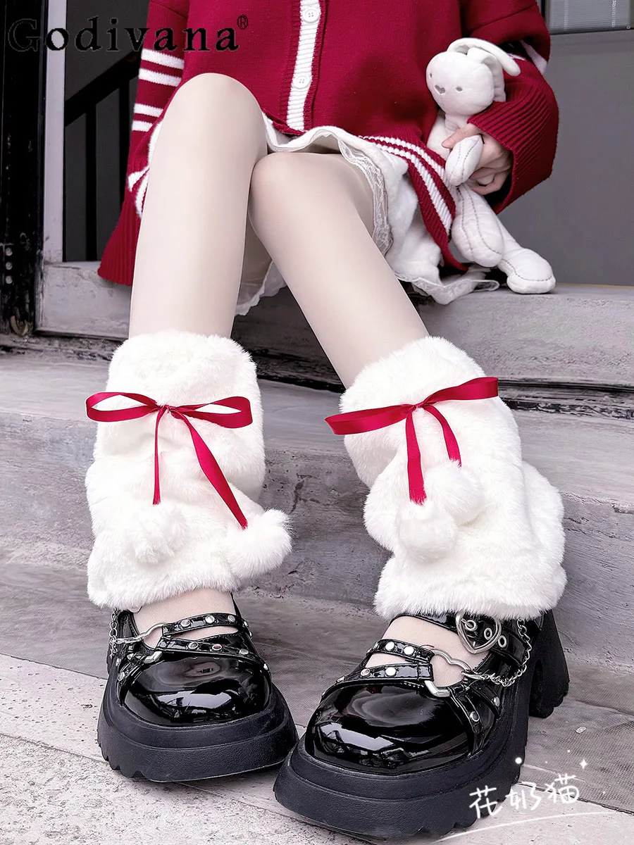 Japanese Style Original Cute Red Bowknot with Pom-Pom Leg Warmers for Women Autumn Winter Thickened Lolita Fuzzy Sock Covers