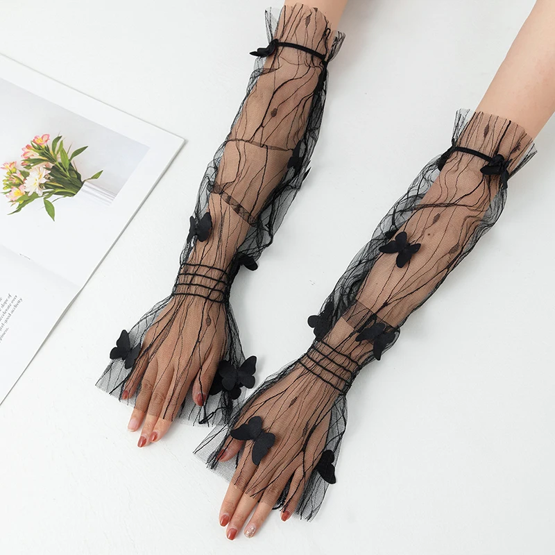 Long Lace Gloves Hollow-Out Fingerless Gloves Women Sun Protection Sleeves Mesh Lace Thin Hand Gym Gloves Sunscreen Accessories