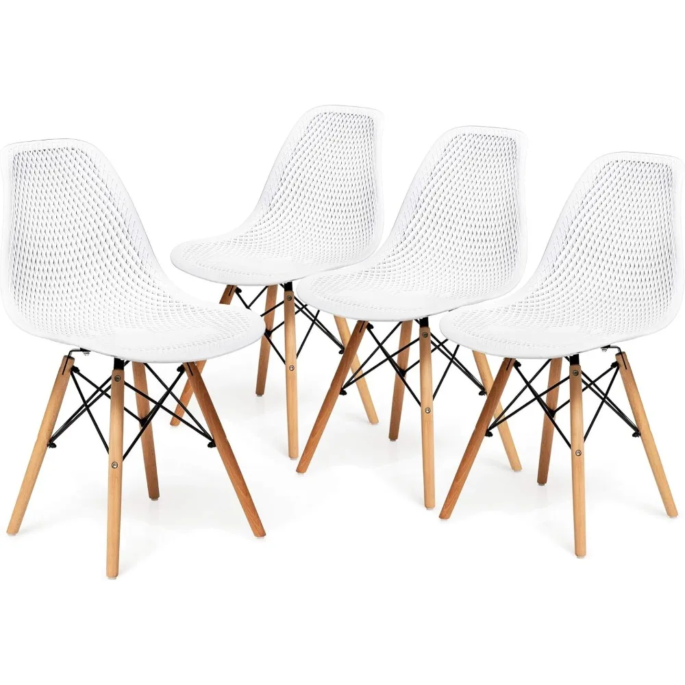 Set of 4 Modern Dining Chairs, Outdoor Indoor Shell PP Lounge Side Chairs with Mesh Design, Beech Wood Legs, Tulip Leisure Chai