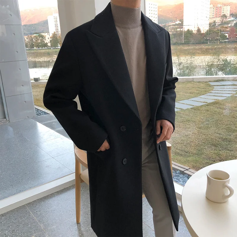 Autumn Men\'s Winter Mid Length Woolen Coat New Korean Tide Black Thickned Overcoat Long Sleeve Double-breasted Jackets