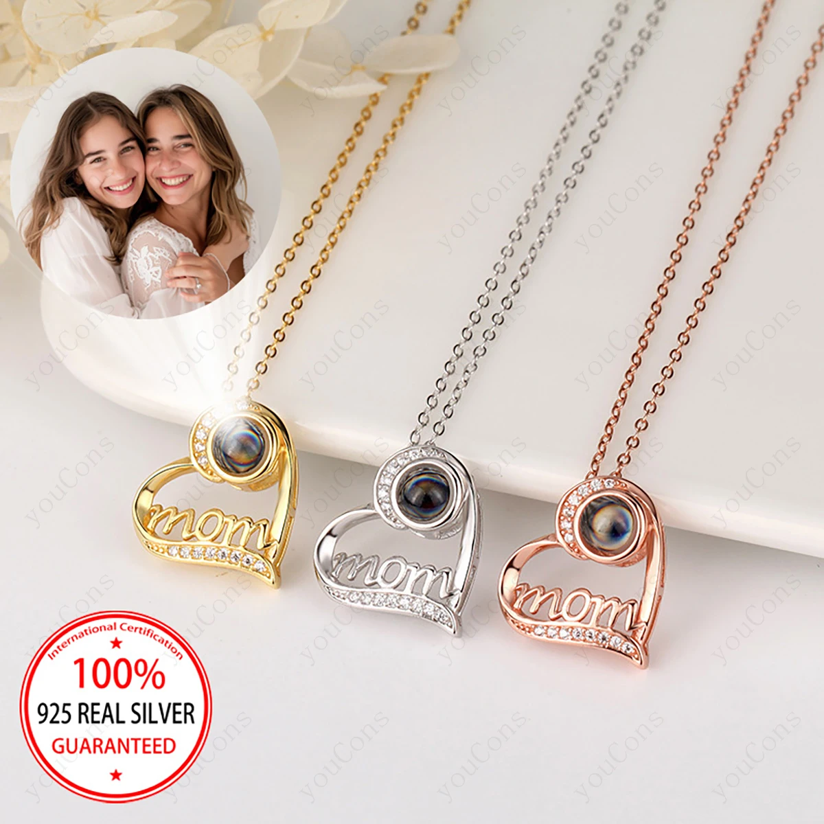

925 Sterling Silver Custom Photo Projection Heart Pendant Necklace Luxury Fashion Mother's Day Birthday Exquisite Gift
