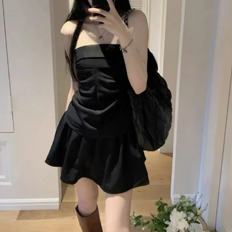 2023 Summer Slash Collar Strapless Tank Top Sexy Women Elastic High Waist Mini Short Skirt With Shorts bielizna 2 Pieces 1 Set