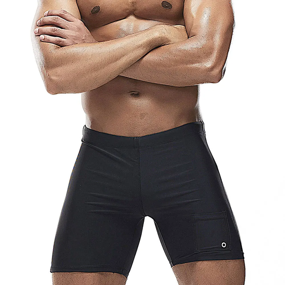 

Solid color four-quarter swimming trunks medium long close-fitting simple quick-drying tether with pocket professional swimsuit