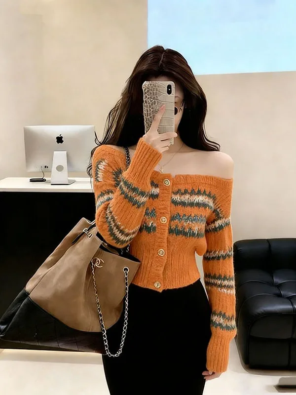 

Retro Pattern Knitted ort Women's Sweater Design Sweet And Spicy Girl Base Layer Open Cardigan One oulder Top