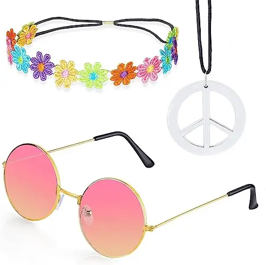 PESENAR Women Hippie Costume Set - 60\'s 70s Style Retro Vintage Glasses Peace Sign Necklace Sunflower Crown Hair Band