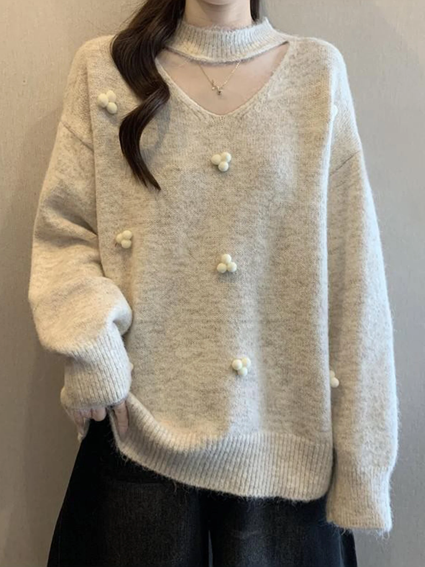 

Мягкий вязаный свитер Ele с вырезами, женский, осенне-зимний, больших размеров, теплый, модный дизайн, эффектный свитер