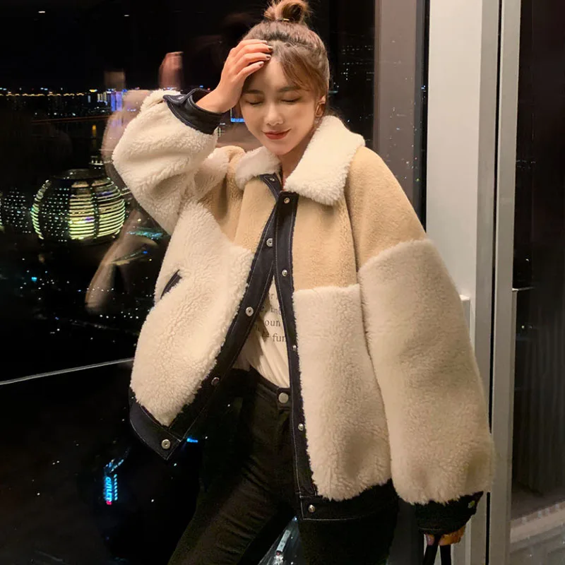 

Autumn Winter 2023 New Fur One Thick Warm Parker Coat Fashion Loose Sweet Jacket Splicing Lambswool Jacket Women Short Overcoa