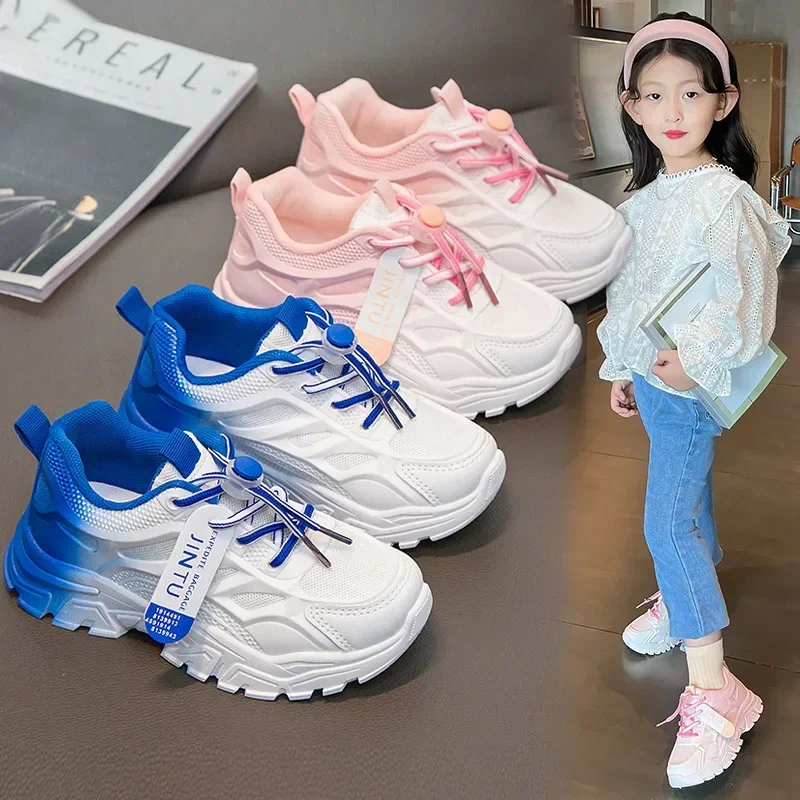 Girls Running Mesh Breathable Shoes Kids Soft Sole Non Slip Sports Shoes Boys Girls Lace Up Adjustable Button Comfort Sneakers