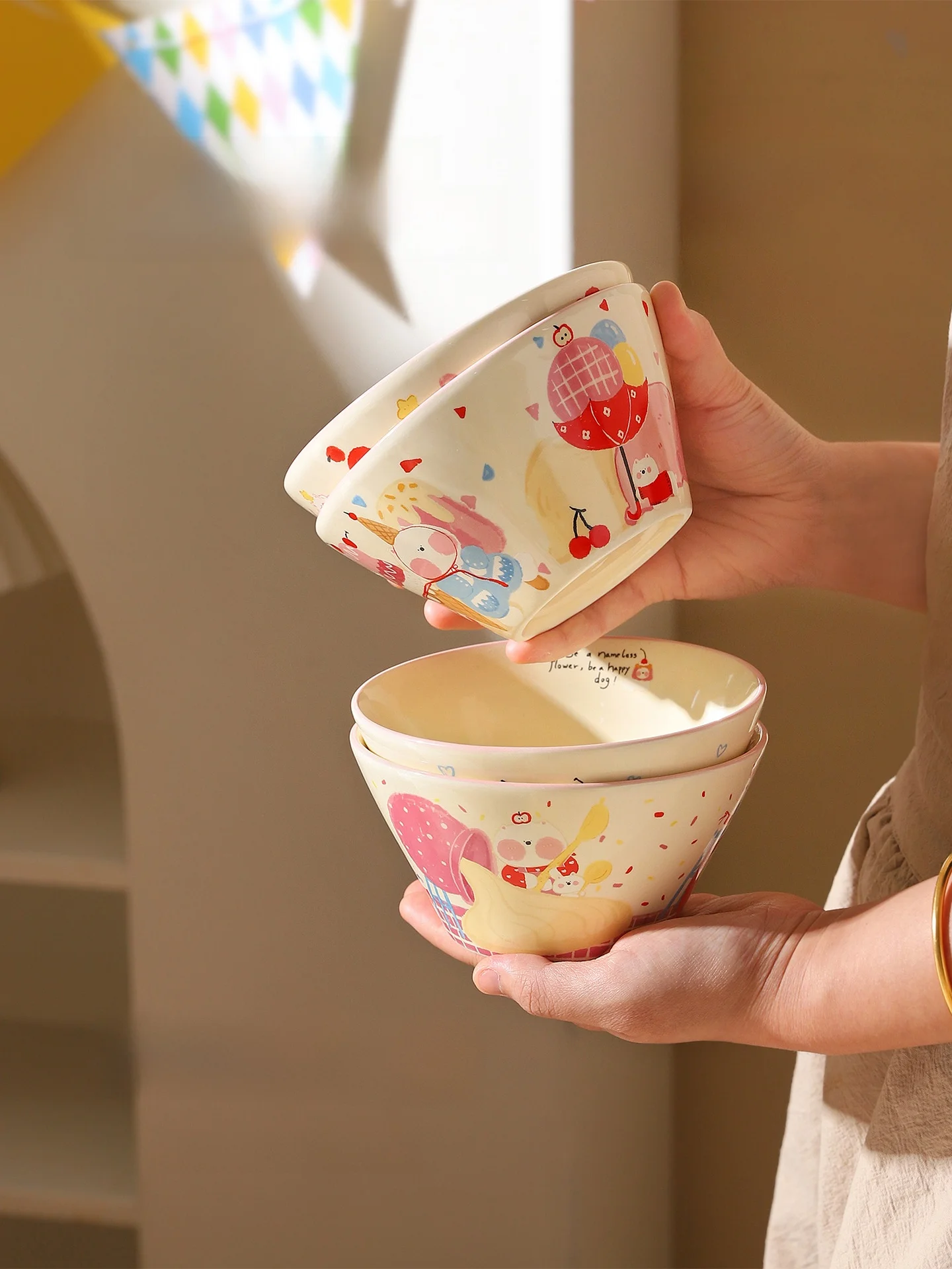 

Cartoon Cerc Bowl High Aesthetic Value Children's Rice Bowl Yogurt Fruit Noodles Bowl Home Use Diwaer Se Microwave Se