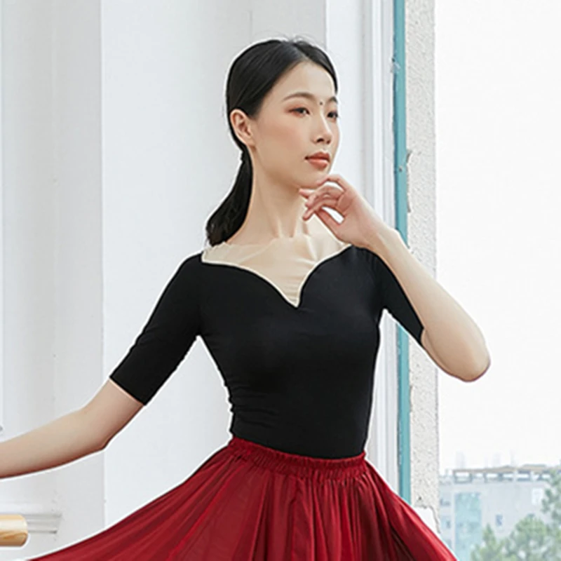 Classical Dance Top Spliced Gauze Mesh Shirt Women Elegant Middle Sleeve Blouse Chic Preformance Costume Modern Training Clothes