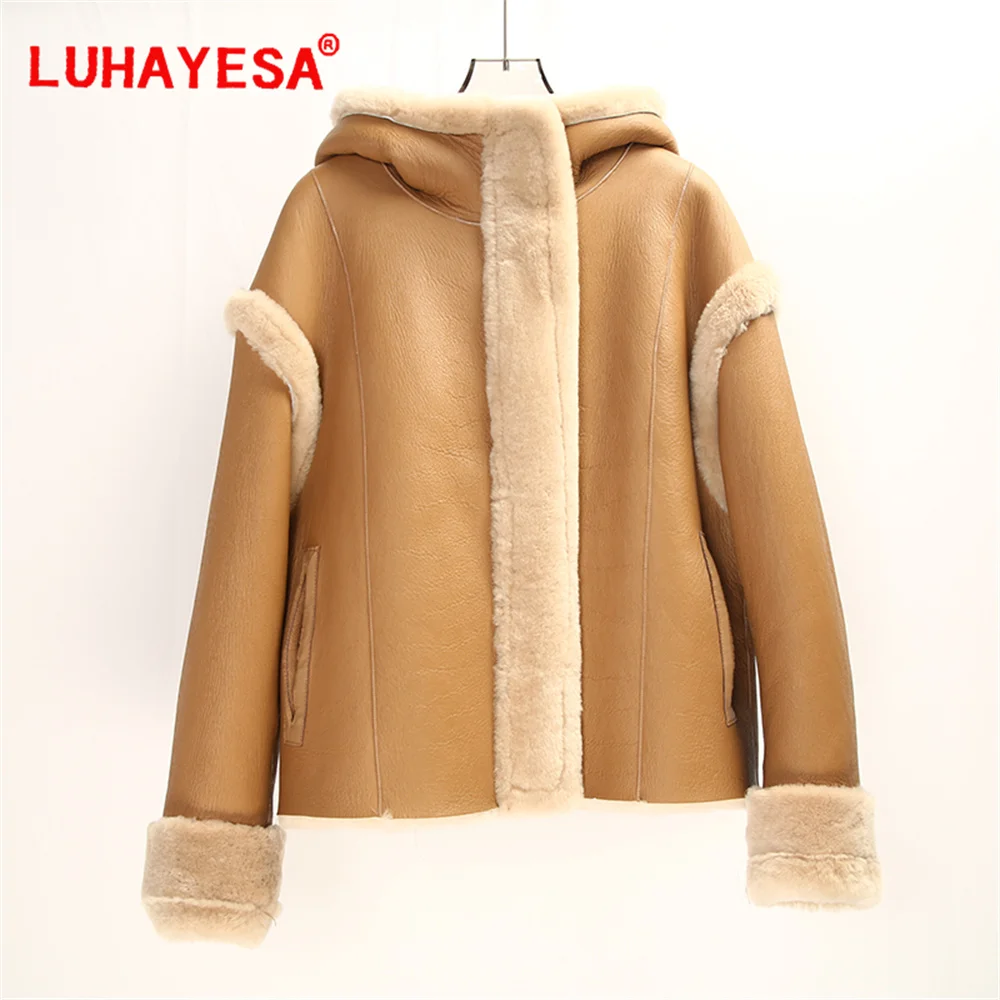 เพียง L ขนาด 2024 สองด้านสวมใส่ Hooded Thicken Merino Sheepskin Lamb FUR Shearling เสื้อผู้หญิงสบายๆทุกวันเสื้อขนสัตว์จริง