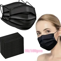 100pcs Black Disposable Face Masks 3-Layer Breathable Anti-Dust Protective Masks for Daily Travel Work Use Facial Care Accessory
