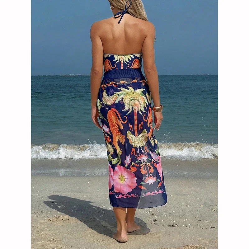 Nuevo traje de baño de una pieza para mujer, conjunto de traje de baño de dos piezas con falda larga y protector solar Retro ajustado y adelgazante