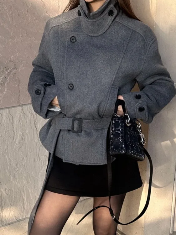 

Женское шерстяное пальто Design Sense с поясом для похудения с высокой талией Winter Faion Trend Elite Feeling Commute Straight Tube Long Sve