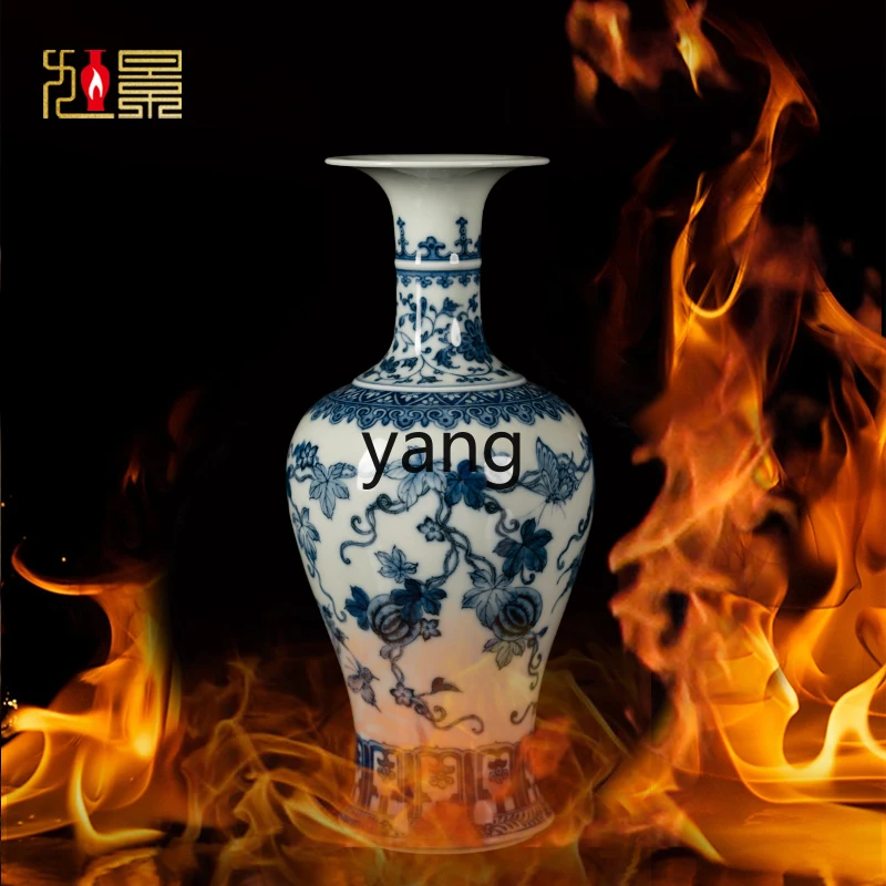 L'm'm Antique Blue and White Porcelain Vase Porcelain Hand Painted Wood Kiln New Chinese Porcelain Bottle Living Room Decoration