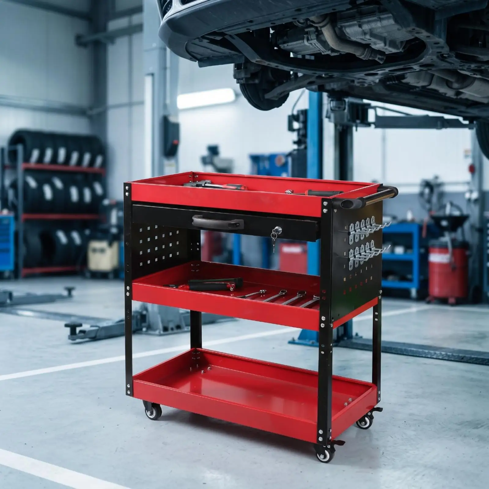 Three-Tier Tool Cart with Drawer Multifunctional for Repair Station, Technicians