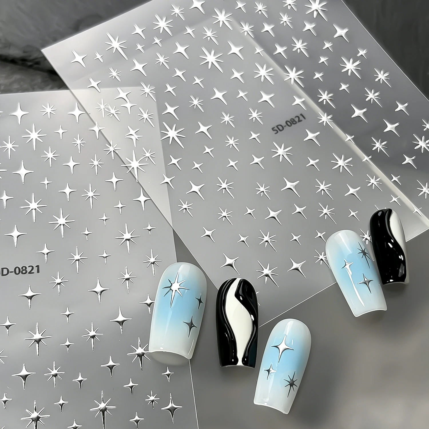 1Pcs Sparkle Silver Starlight Nail Sticker 5D Metallic Mirror Silvery Cross Star Nail Decals Y2k Starburst Manicure Slider Decor 3