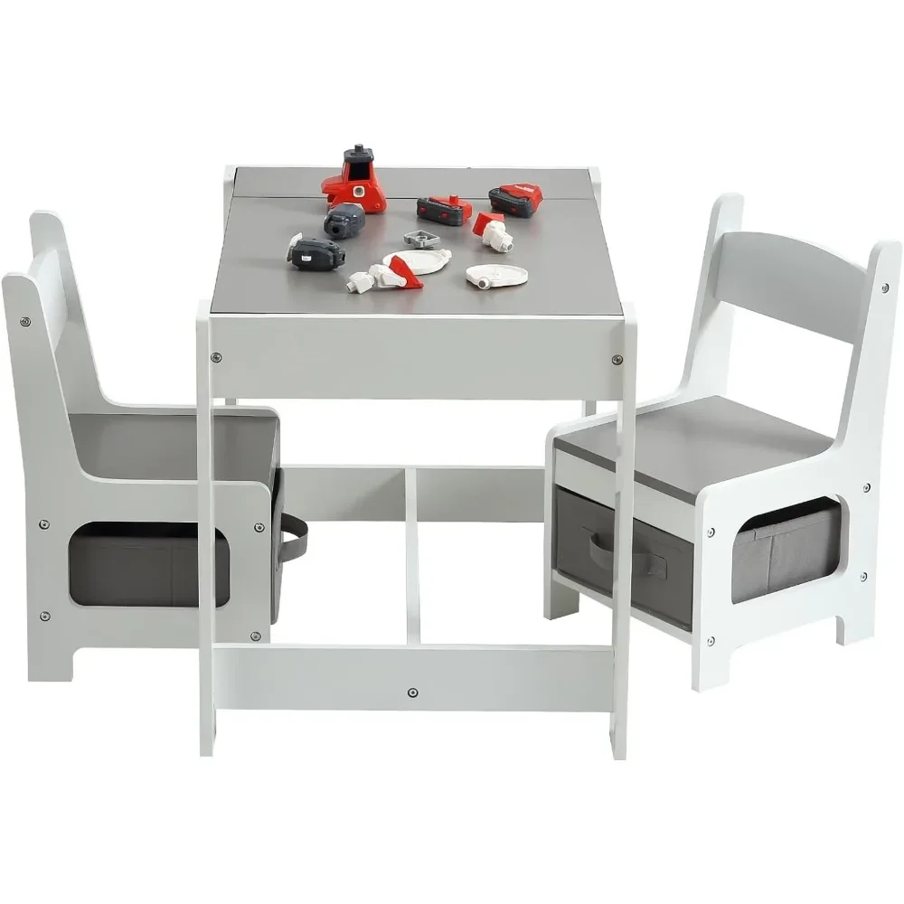 table set, 3-in-1 kids activity table with storage, detachable tabletop, chalkboard, 3-piece toddler furniture set