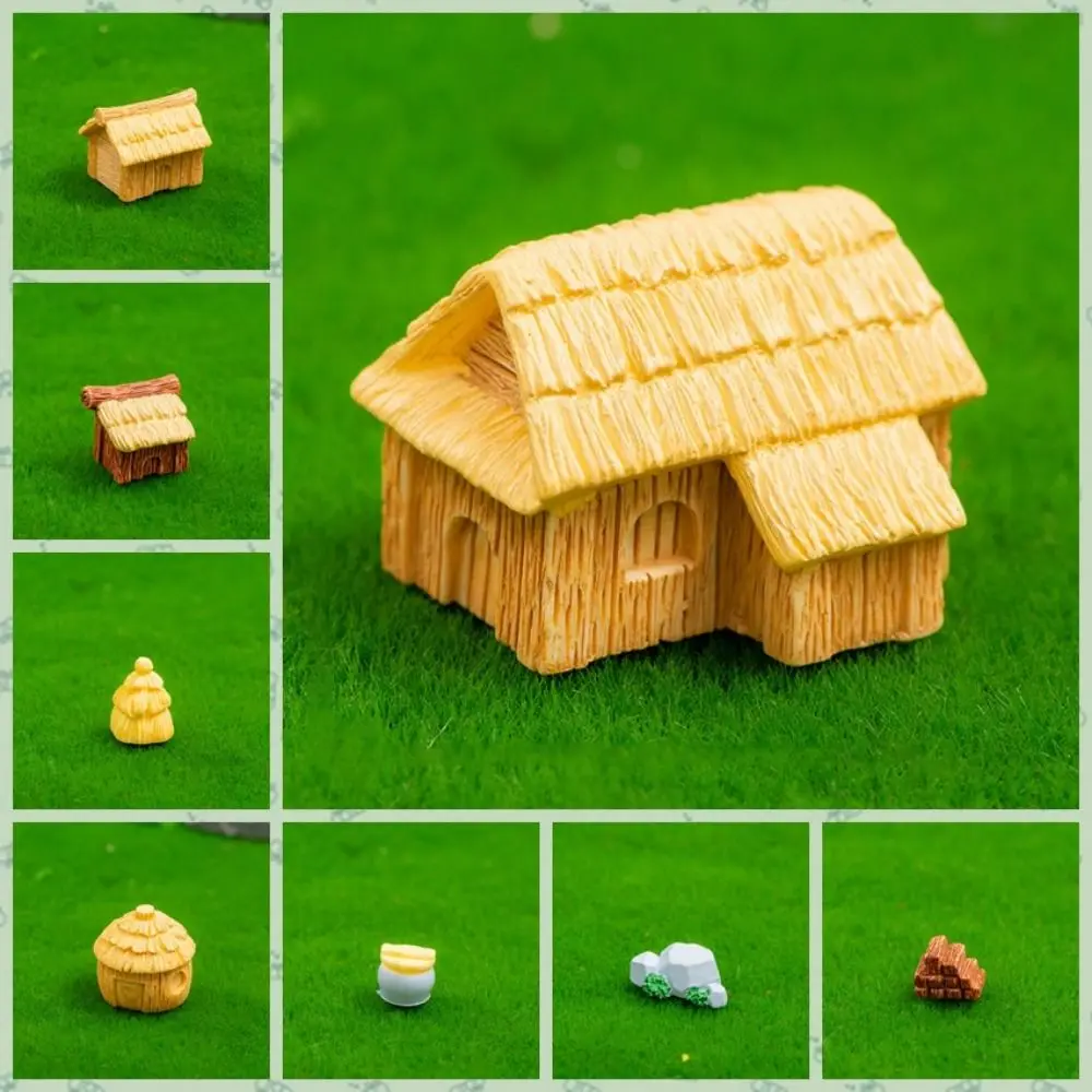 Cute Mini Thatched Cottage Micro Landscape Rural Style Resin Mini Village Houses Decorative Small House Statue Fairy Garden