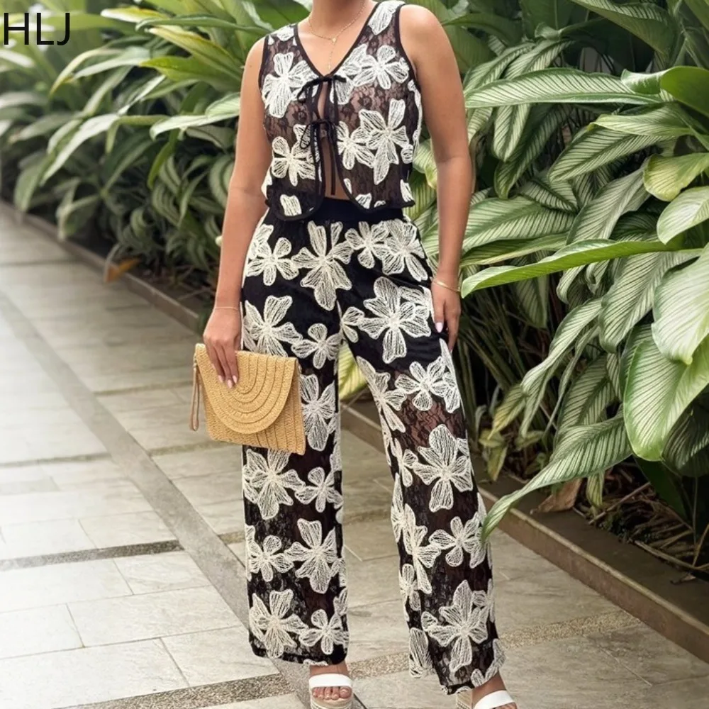 

HLJ Sexy Lace Flower Lines Patchwork Woman 2 Piece Set Outfit See Through Sleeveless Crop Top + Pants Female Streetwear Clothing