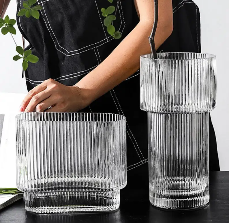 Ribbed Glass Vase, Simple Clear Transparent, Modern Minimalist, Creative Home Decor Interior Wedding Design Dropshipping