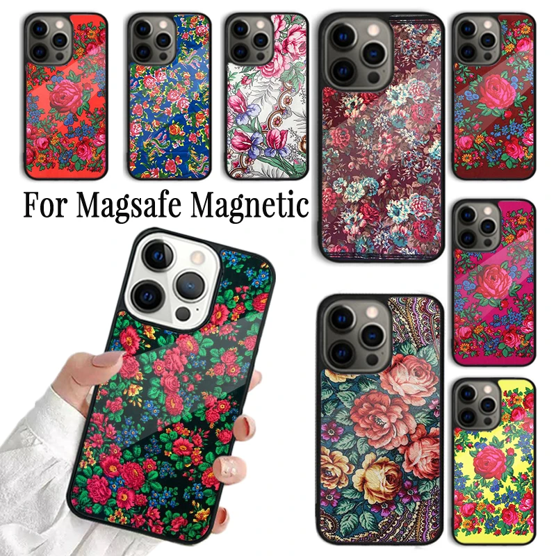 Coque Phone Case For iPhone 16 15 14 13 12 Mini 11 Pro Max Plus Magsafe Magnetic Wireless Charging Cover Russian Scarf Floral