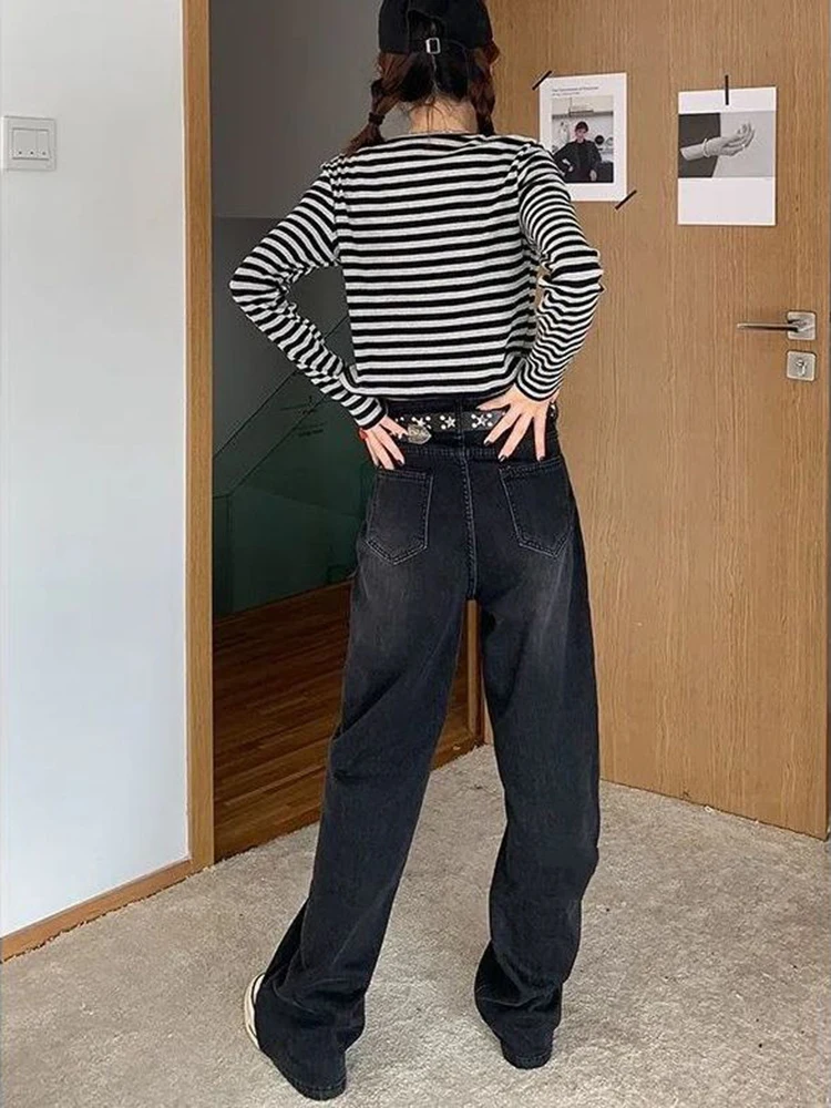 Nova moda jeans preto feminino baggy perna larga elegante ulzzang ins chique all-match bf casual estudantes streetwear jovem vintage