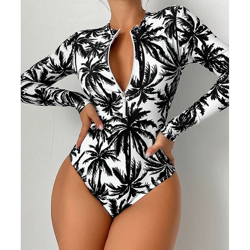 Women Summer Printed Swimsuit Fashionable High Waisted Long Sleeved Swimsuit Sexy Tight Fitting  Quick Drying One Piece Swimsuit