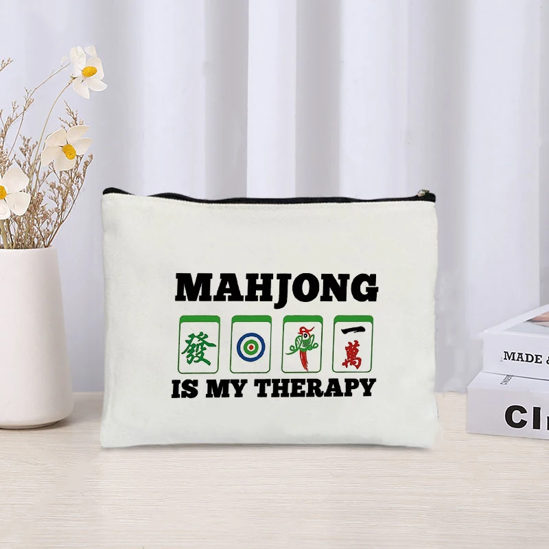 Mahjong Print Canvas Cosmetic Bag Zipper Storage Pencil Bags Wallet Travel Perfume Lipstick Makeup Bags Gift for Gambling Lover